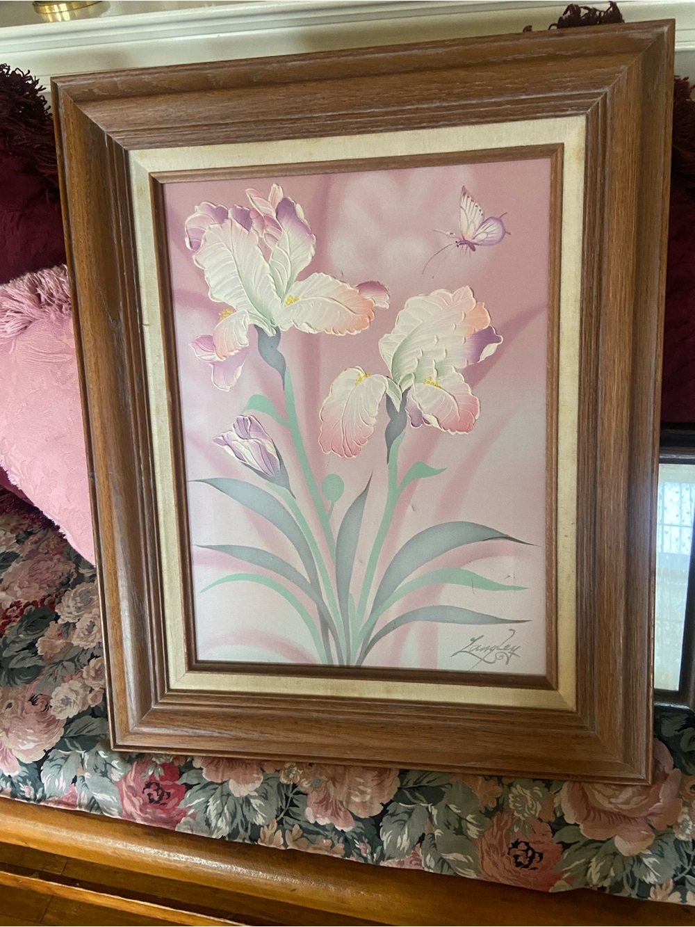 Framed Floral Iris Painting in Pink Signed by Artist - Langley